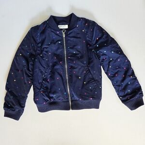 H&M blue bomber jacket with shiny hearts pattern size girls 8-9Y
